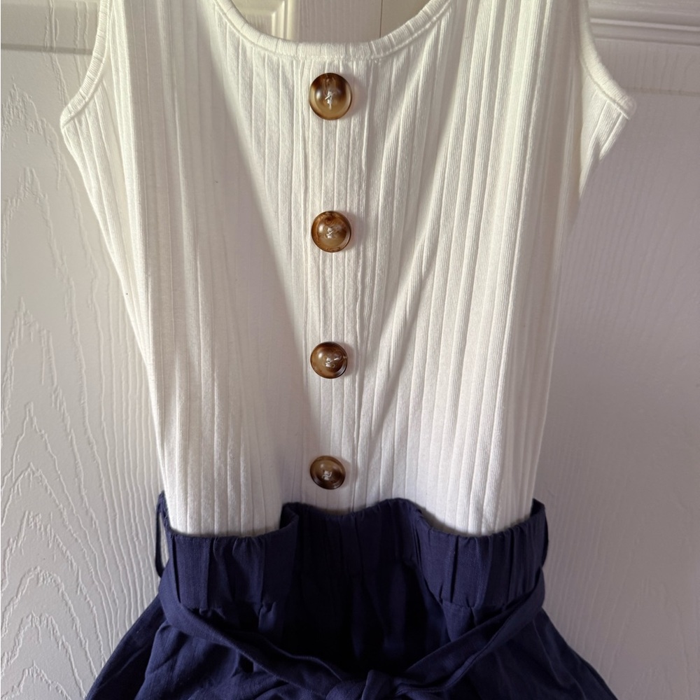 White Button-Front Tank with Navy Paperbag Waist Shorts - Picture 3 of 6